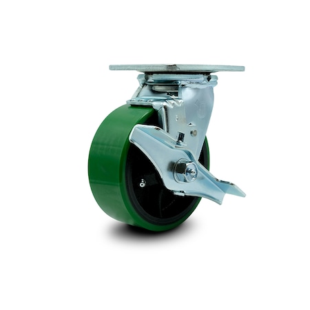 Service Caster 5 Inch Green Poly on Cast Iron Swivel Caster with Roller Bearing and Brake SCC SCC-30CS520-PUR-GB-TLB